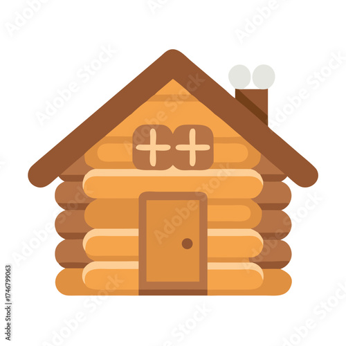 Vector art of a simple, charming illustration of a log cabin with a brown roof, a brown door, and two crossshaped windows, isolated on a