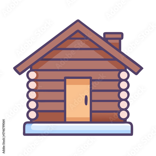 Vector art of a simple, charming illustration of a wooden log cabin with a light brown door and a chimney, set against a clean, evoking a sense of rustic simplicity and cozy winter living