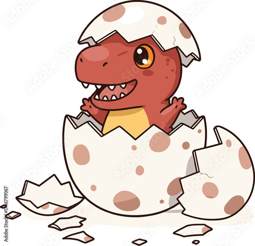 Cute baby dinosaur hatching from egg cartoon vector illustration, adorable prehistoric animal, broken egg shells, playful dinosaur art drawing