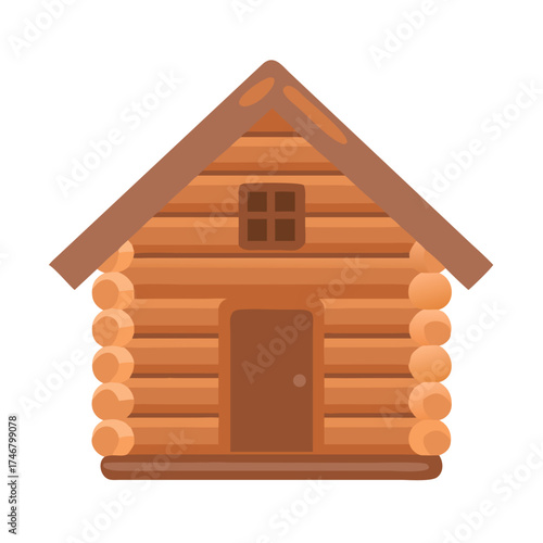 Vector art of a simple, charming log cabin with a brown door and a small window, isolated on a, perfect for illustrating rustic themes, nature, or cozy living