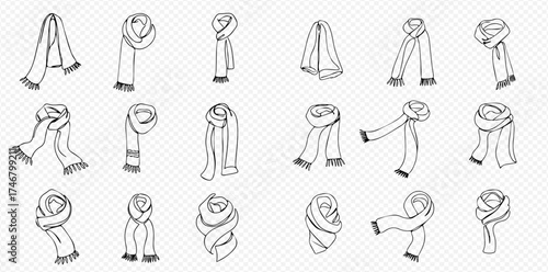 Collection of hand-drawn scarves in various styles and arrangements, showcasing different ways to wear them.