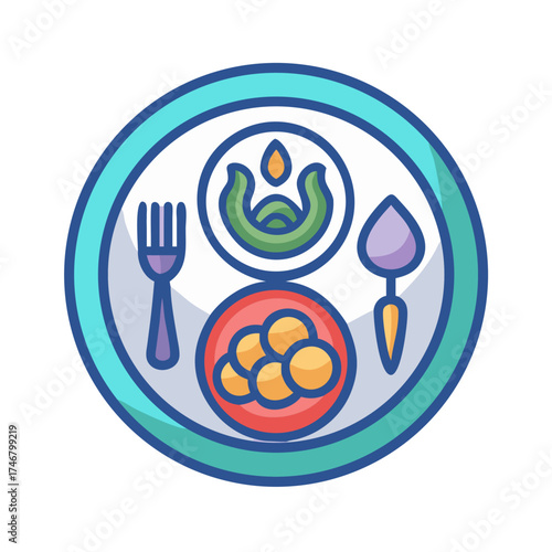 Vector art of a topdown view of a vibrant and healthy meal served in a bowl, featuring a variety of colorful ingredients arranged artfully, isolated on a