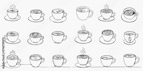 A collection of sketched coffee cups and saucers, each with unique designs and details.