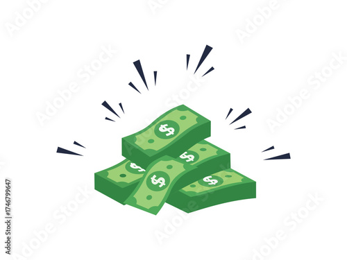 An illustration of a stack of green banknotes with a dollar symbol in the center. The flat design style, with light effects or lines, gives the impression of abundant money or wealth. The clean white 