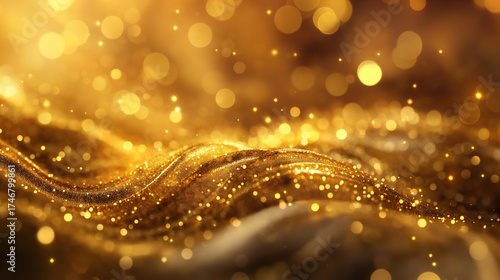 Elegant abstract golden background with shimmering metallic textures and glowing bokeh lights, ideal for New Year celebrations, luxury greeting cards, and festive digital designs