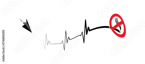 No smoking sign concept with ekg ecg heartbeat, paper airplane design. Smoking causes heart disease vector illustration with cigarette and heartbeat monitor design.