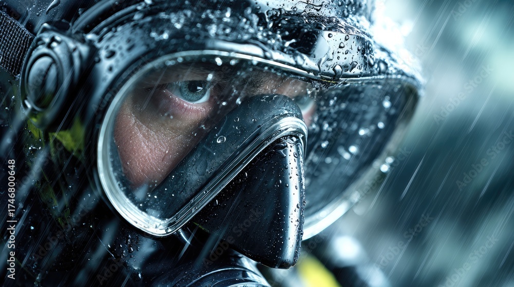 Fototapeta premium Intensity Under Rain: A diver, fully suited, stares intensely ahead, droplets of rain cascading over their mask, conveying a sense of purpose and focus.