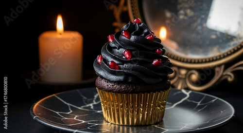 A gothic chocolate cupcake with black frosting and pomegranate seeds. Dark and decadent dessert with candlelight for a halloween party