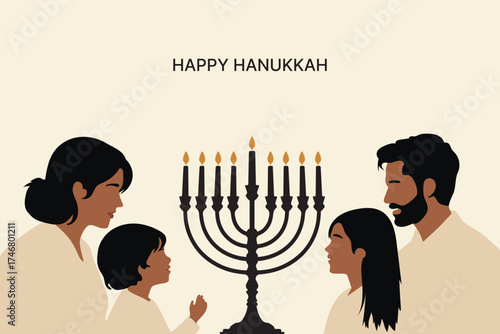 Family celebrating Hanukkah lighting menorah illustration. Warm family illustration celebrating Hanukkah and lighting the menorah candles together. Symbol of Jewish tradition, unity