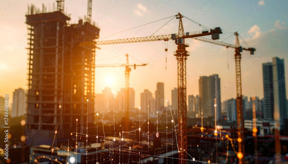 Fototapeta premium Construction site in an urban setting with cranes and financial data visualizations