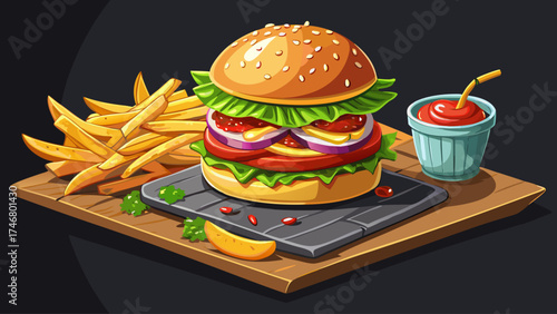 Very beautiful close-up classic hamburger with golden fries and assorted condiments on black stone dish, vector-style illustration emphasizing rich textures, vibrant colors, and gourmet casual dining 