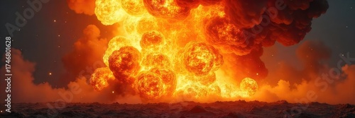 A dramatic explosion engulfed in fiery orange and yellow flames, billowing smoke creates a chaotic scene of intense destruction , pyrotechnics, wreckage, fire