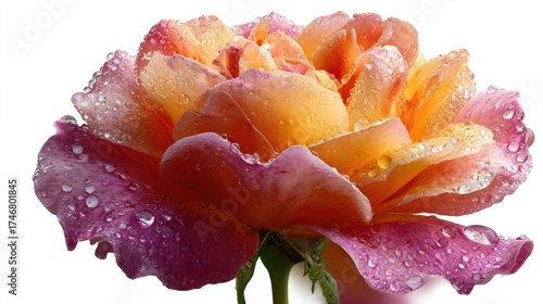 Rose in Bloom: An exquisite rose, awash in delicate hues of pink and gold, is captured in close-up, adorned with glistening water droplets on its velvety petals.