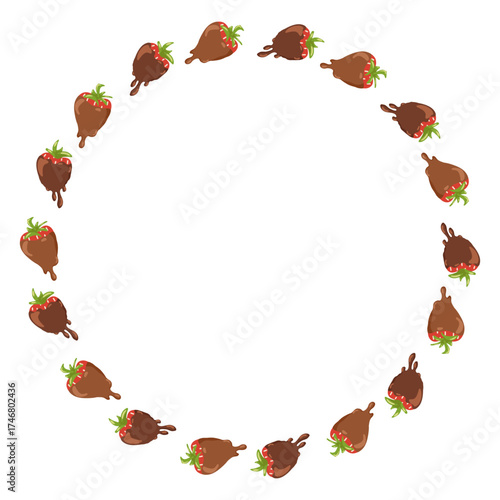 Strawberries dipped in chocolate. Round frame on white background. Vector sweet dessert hand drawn illustration for packaging design, labels, menu, branding