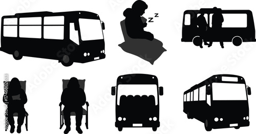 Public transport vector illustration with buses, passengers, seating, travel silhouettes, commuting, waiting, boarding, resting, urban transit, transportation design