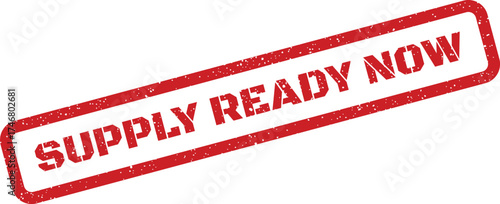 Distressed red rubber stamp graphic showcasing the impactful words SUPPLY READY NOW for immediate availability or dispatch status communication