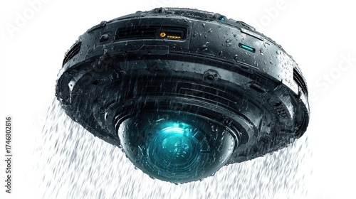 Fototapeta Naklejka Na Ścianę i Meble -  UFO Under the Rain: A sleek, futuristic flying saucer descends through a stormy sky, its metallic surface reflecting the downpour as an aura of the unknown hangs in the air.