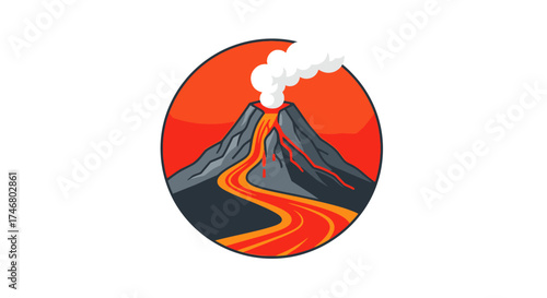 Cartoon illustration of a volcano erupting with lava flowing down its side, set against an orange circular background.