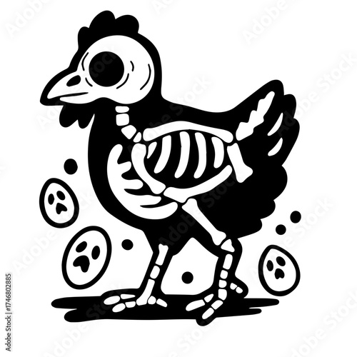 Halloween Skeleton Chicken with Eggs Having Faces – Black and White Vector Illustration