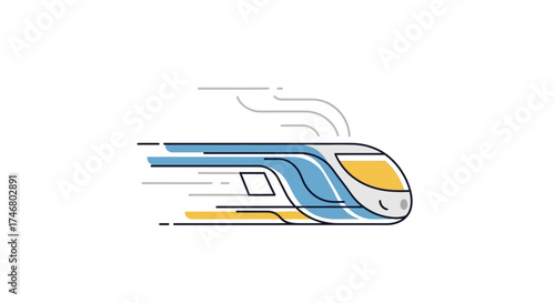 A stylized illustration of a high-speed train moving rapidly across a white background.