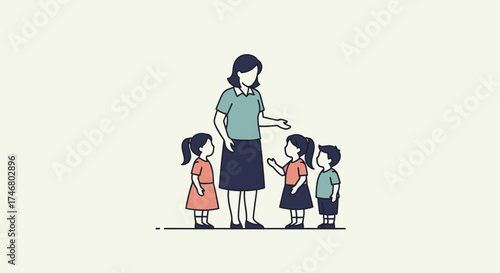 Illustration of a woman, possibly a teacher, interacting with three children, two girls and a boy, in a simple, flat style.