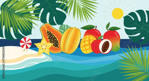 Tropical fruits and beach scene with palm leaves and a sunny sky.