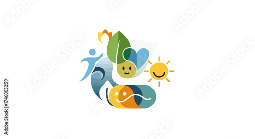 Abstract graphic depicting a person, leaf, heart, sun, flame, and yin yang symbol, representing health, nature, and balance.