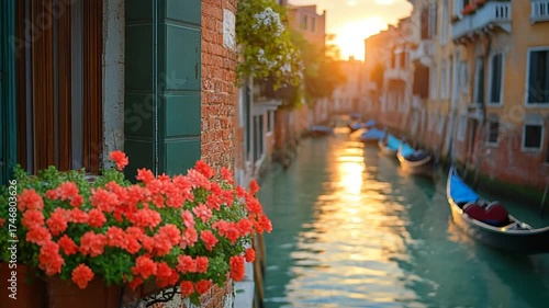 Beautiful Venice Canal at Sunset with Flowers.