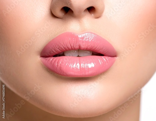 A close-up studio shot showcases full, glossy lips painted with a vibrant, pink hue, surrounded by smooth skin. Details highlighted