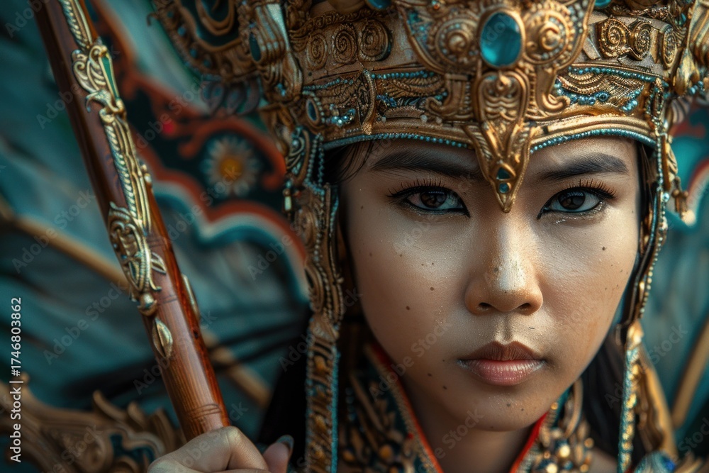 Fototapeta premium Portrait of a young asian woman wearing an elaborate traditional headdress and holding a decorated staff