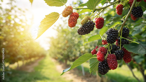 Lush mulberry tree branch heavy with ripening berries, bathed in golden sunlight, creating a vibrant and inviting scene in orchard