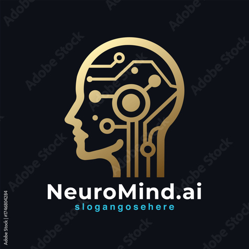 NeuroMind.ai Logo Design Elegant AI Head with Gold Neural Circuit Profile