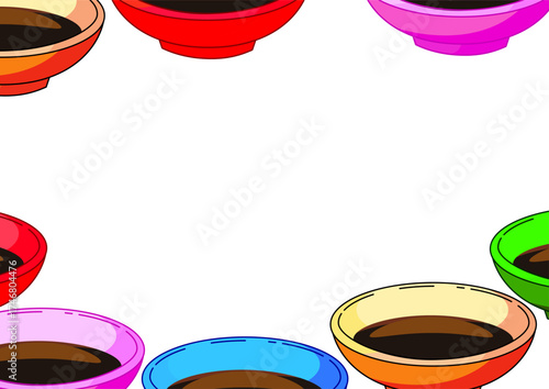 Many colorful bowls with soy sauce isolated with a blank space for text. Flat lay illustration frame.