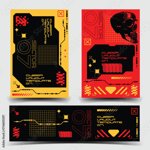 y2k 2000s scifi cyberpunk retro-futuristic layout template set dashboard for ux-ui application, 2d vector illustration