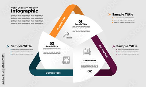 Modern veen diagram with 3 triangle and circle diagram options, for communication and business strategy presentations. Vector illustration eps