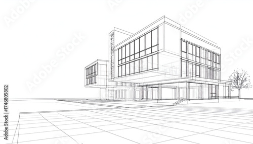 Architectural line drawing of a modern building in a 3D perspective view.