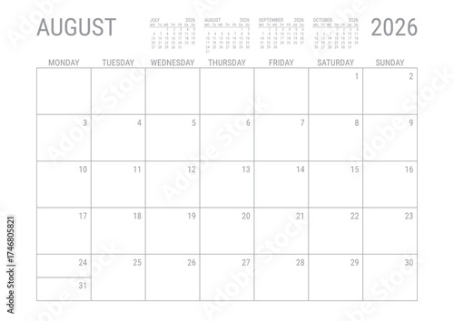 August Calendar 2026 Monthly Planner Printable A4 Monday Start	