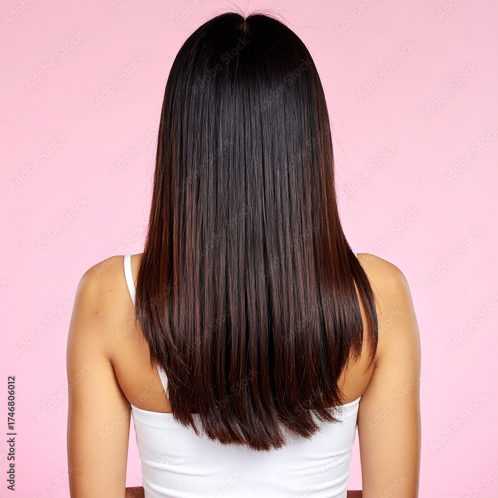 Naklejka premium Woman's smooth, dark hair against a pink background