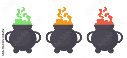 Cauldron with potion. Witch's cauldron. Vector 3d illustration.