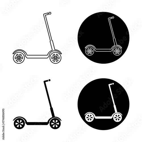 Set of Scooter Icons in Black and White Vector Illustration. Clean modern design suitable for transport apps, scooter rentals, urban mobility graphics and infographic elements.