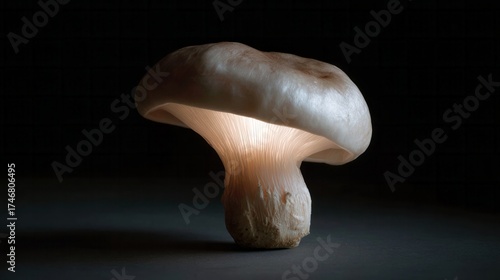 Luminous mushroom cap glows ethereally, evoking forest fairytales; Earth Day symbiosis celebration, mycological wonder, moonlit nocturne fungi