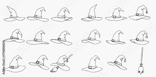 A collection of witch hats and a broom, all in a simple, outlined style, arranged on a transparent background.