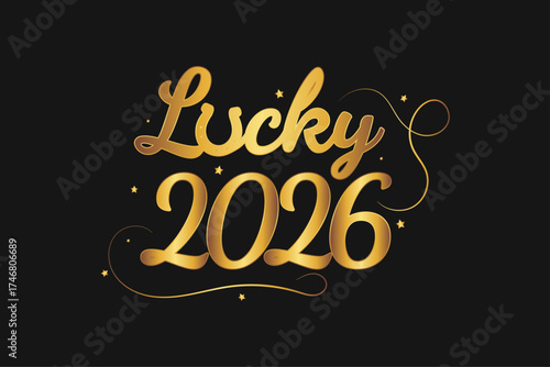 Lucky 2026 typography with golden horseshoe. Vector illustration with golden horseshoe and Lucky 2026 lettering. Elegant and festive New Year symbol of good fortune, success, and prosperity.