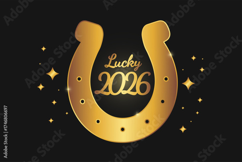 Lucky 2026 typography with golden horseshoe. Vector illustration with golden horseshoe and Lucky 2026 lettering. Elegant and festive New Year symbol of good fortune, success, and prosperity.