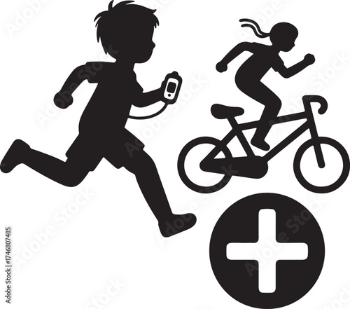 Health Care Awareness Silhouettes: World Diabetes Day Blue Circle, life, insulin, blood, sugar, testing, glucometer, diet, exercise, Vector Icon Bundle Template.