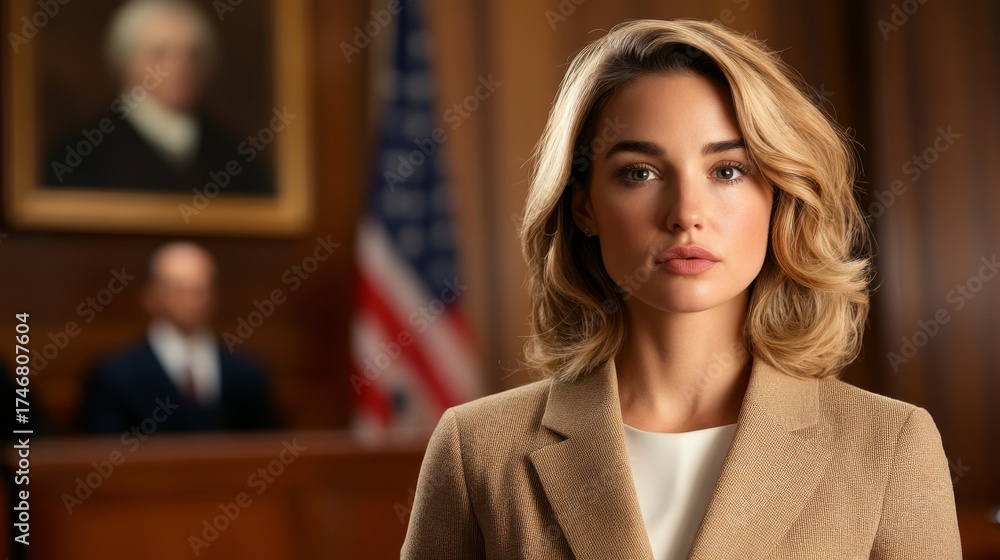 Fototapeta premium Confident professional lawyer stands in a courtroom, a portrait of justice and power.