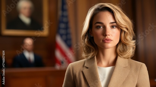 Confident professional lawyer stands in a courtroom, a portrait of justice and power.