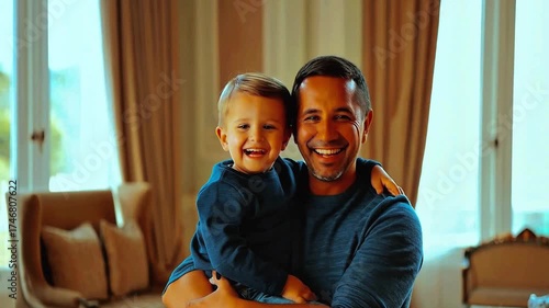 Smiling father holding his toddler son on his lap in a loving embrace at home. Caring parent and kid illustrating the precious bond of parenthood and happy family memories. Joy and love.