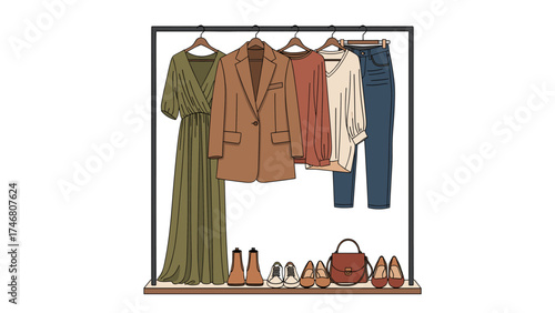 Stylish Women's Wardrobe on Clothing Rack. Fashion Apparel, Dress, Blazer, Blouse, Jeans, Shoes, and Handbag Illustration.