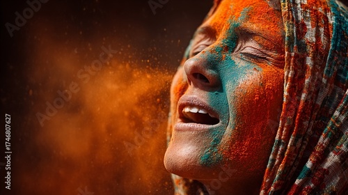 A woman's joyful face is covered in vibrant orange and teal Holi festival powder.